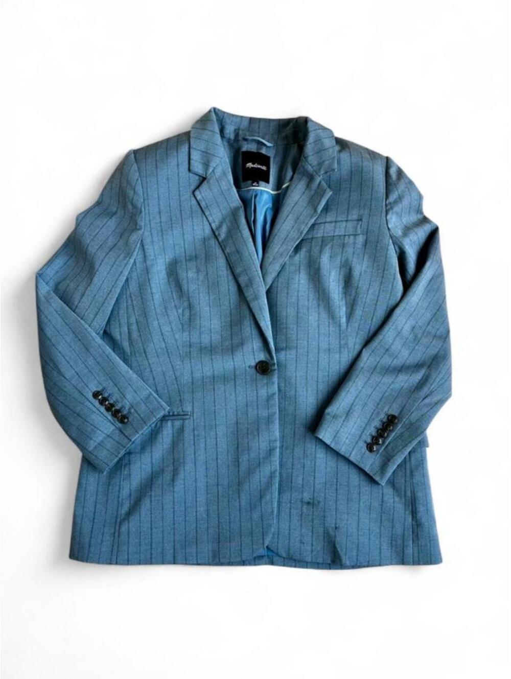 Madewell blue pinstripe blazer with thin white vertical stripes shoulder pads 16
